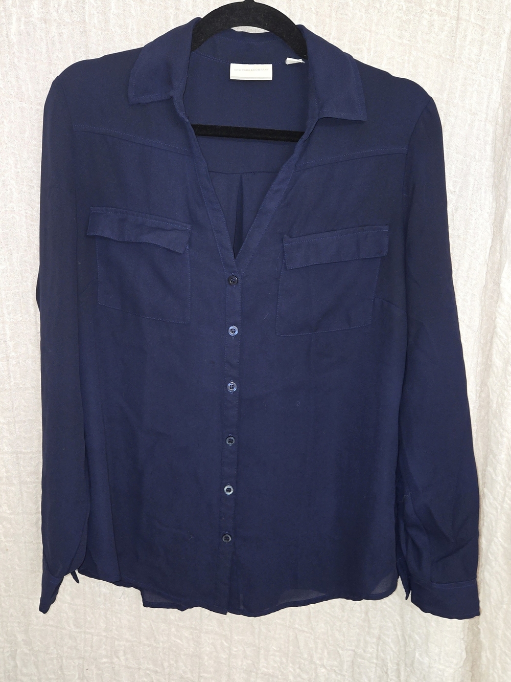 New York & Company Navy Button-Up Pocket Blouse- Sz Medium